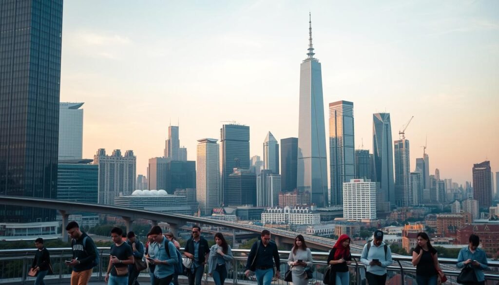 A bustling city skyline at dusk, with towering skyscrapers and criss-crossing highways. In the foreground, a group of digital nomads navigate the urban landscape, their laptops and smartphones in hand, conveying a sense of constant motion and adaptability. The scene is bathed in a warm, golden light, creating an atmospheric and contemplative mood. The middle ground features coworking spaces, cafes, and other shared workspaces, reflecting the flexible and collaborative nature of the nomadic lifestyle. In the background, a diverse array of cultures and architectural styles, hinting at the global nature of the digital nomad experience.