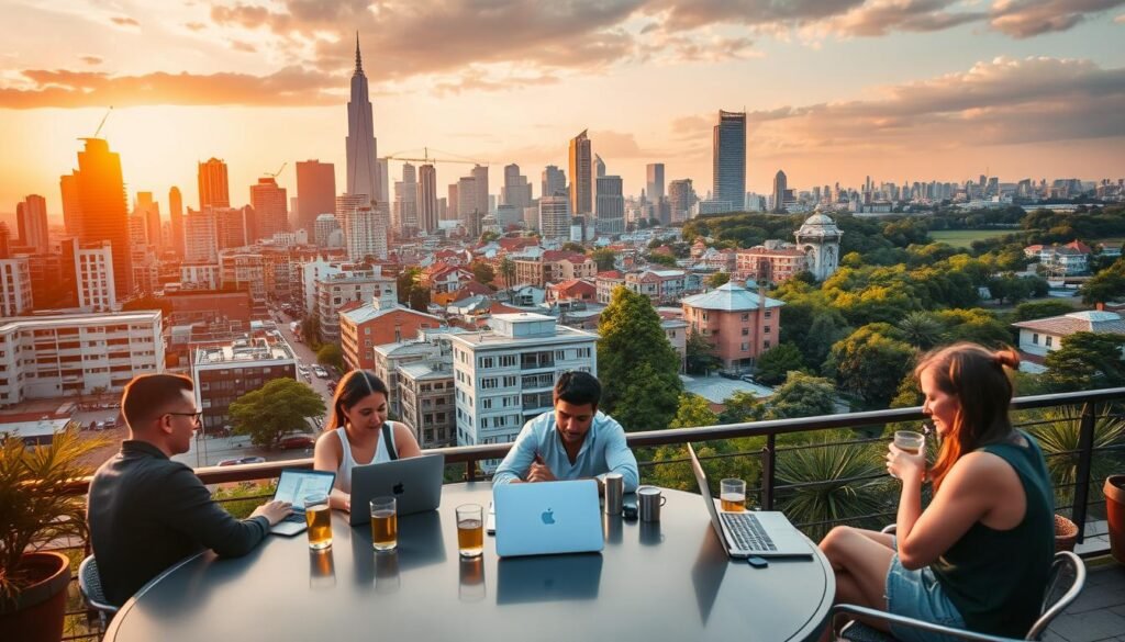 A bustling city skyline with modern high-rises and vibrant street life, bathed in warm, golden hues of the setting sun. In the foreground, a group of digital nomads gathered around a cozy outdoor cafe, laptops open and drinks in hand, discussing their next affordable destination. The middle ground showcases a diverse array of colorful, low-cost housing options, from quaint apartments to stylish co-living spaces. In the background, lush, verdant parks and landscapes provide a tranquil backdrop, hinting at the work-life balance and natural wonders these budget-friendly locations offer. The scene exudes a sense of cosmopolitan adventure, financial freedom, and the allure of a nomadic lifestyle. A bustling city skyline with modern high-rises and vibrant street life, bathed in warm, golden hues of the setting sun. In the foreground, a group of digital nomads gathered around a cozy outdoor cafe, laptops open and drinks in hand, discussing their next affordable destination. The middle ground showcases a diverse array of colorful, low-cost housing options, from quaint apartments to stylish co-living spaces. In the background, lush, verdant parks and landscapes provide a tranquil backdrop, hinting at the work-life balance and natural wonders these budget-friendly locations offer. The scene exudes a sense of cosmopolitan adventure, financial freedom, and the allure of a nomadic lifestyle.