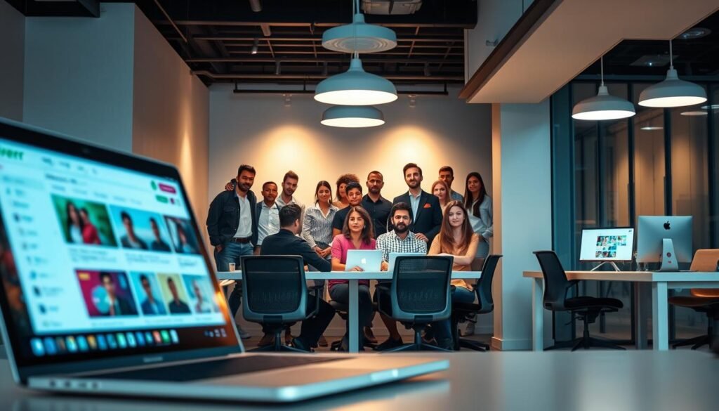 A bustling digital marketplace, Fiverr, showcases a vibrant array of freelance services. In the foreground, a laptop screen displays an intuitive user interface, where clients can browse and hire skilled professionals for a wide range of digital tasks, from graphic design and video editing to programming and virtual assistance. The middle ground features a diverse team of freelancers, each with their unique talents and expertise, ready to collaborate and bring clients' visions to life. The background depicts a modern, minimalist office setting, with sleek desks, ergonomic chairs, and a subtle play of warm and cool lighting, creating a productive and inspiring atmosphere. The overall scene conveys the seamless integration of technology, creativity, and entrepreneurial spirit that defines the Fiverr marketplace, a hub for digital services and thriving freelance opportunities. As melhores plataformas para freelancer em 2025