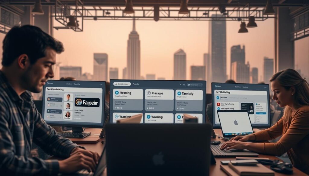 A bustling digital marketplace showcasing an array of specialized freelance platforms. In the foreground, workers from diverse fields such as programming, design, and marketing collaborate on their laptops, their expressions focused and determined. The middle ground features a sleek, minimalist user interface displaying various service categories, while the background depicts a cityscape of towering skyscrapers, hinting at the global reach and scale of these specialized platforms. Warm, diffused lighting casts a sense of professionalism and productivity, complemented by a muted color palette that conveys a sense of sophistication and efficiency. As Melhores Plataformas para Freelancer em 2025
