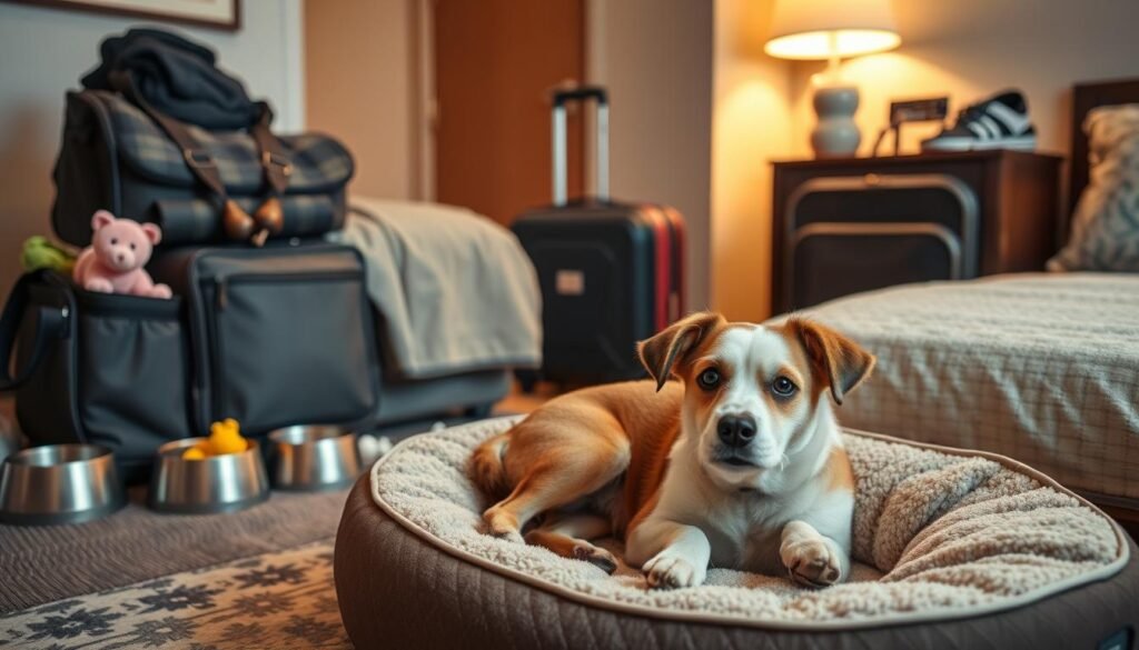 A cozy, domestic scene of a pet-friendly hotel room or Airbnb, with a well-stocked travel bag, favorite toys, and bowls for food and water. In the foreground, a dog or cat relaxes on a plush pet bed, conveying a sense of comfort and security. The middle ground features a suitcase, leash, and other travel essentials, hinting at the journey. The background is softly lit, with warm, inviting tones to create a serene, home-like atmosphere, encouraging the viewer to imagine the pet's happy adaptation to this new, temporary environment.