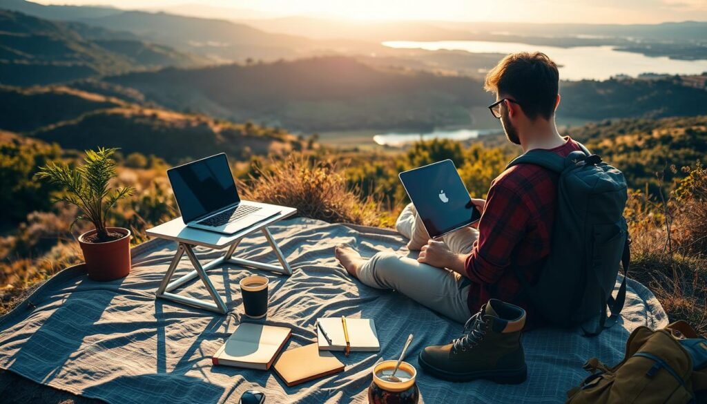 A digital nomad lifestyle in a vibrant, sun-drenched scene. In the foreground, a remote worker sits typing on a laptop, surrounded by a minimalist yet cozy setup - a portable standing desk, a plant, and a cup of coffee. The middle ground showcases the nomadic essence, with a backpack, a travel journal, and a pair of hiking boots nearby. In the background, a picturesque landscape unfolds, featuring rolling hills, lush greenery, and a serene body of water reflecting the warm, golden-hour light. The overall atmosphere exudes a sense of freedom, productivity, and the ability to work from anywhere, capturing the essence of the "Gerenciando finanças como freelancer nômade digital" section.