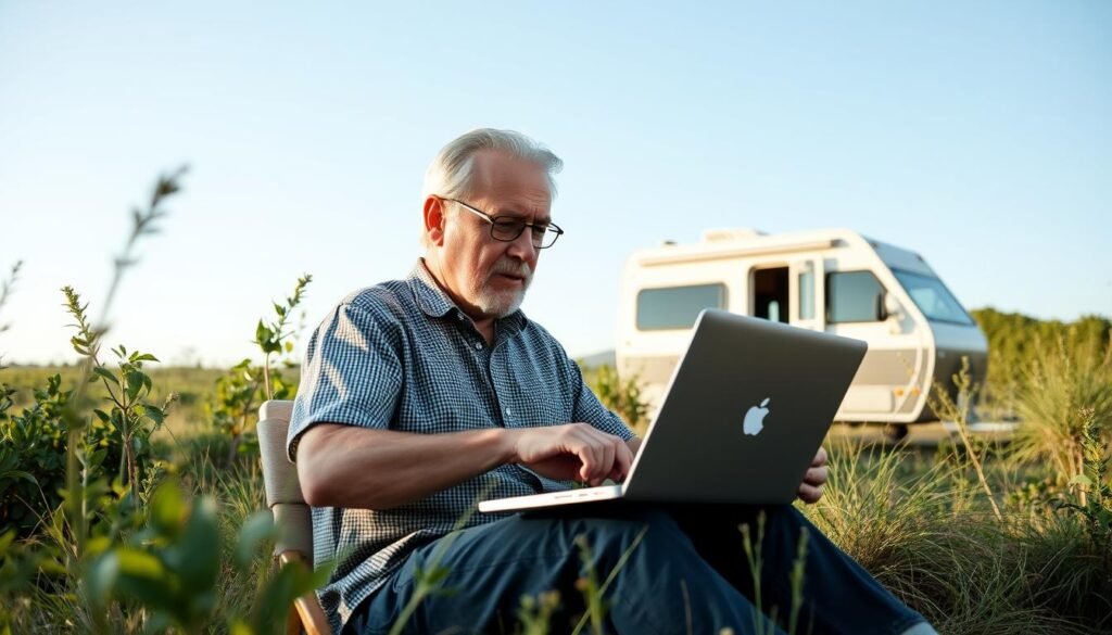 A mature, seasoned digital nomad, laptop in hand, sits comfortably amidst a serene, natural landscape. Soft, diffused lighting illuminates their focused expression as they work, surrounded by lush greenery and a clear blue sky. In the background, a small, minimalist camper van hints at their mobile, off-the-grid lifestyle. The scene conveys a sense of balance, freedom, and financial security, reflecting the ability to maintain a fulfilling, location-independent career after the age of 40.