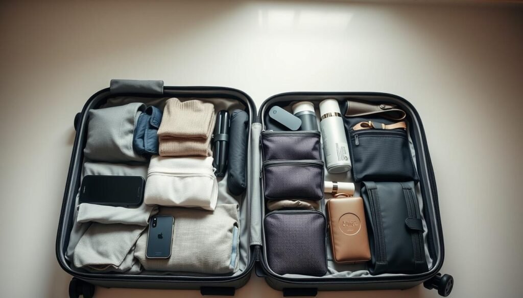 A minimalist, well-organized suitcase packed with efficient, versatile travel essentials. The foreground features neatly folded clothes, compact electronic accessories, and practical toiletries arranged in a visually appealing, space-saving manner. The middle ground showcases a variety of packing cubes, compression bags, and organizational pouches, demonstrating techniques to maximize interior space. The background depicts a clean, bright environment with muted tones, creating a sense of order and tranquility. Soft, diffused lighting highlights the considered packing, conveying a mood of intentionality and travel preparedness. A minimalist, well-organized suitcase packed with efficient, versatile travel essentials. The foreground features neatly folded clothes, compact electronic accessories, and practical toiletries arranged in a visually appealing, space-saving manner. The middle ground showcases a variety of packing cubes, compression bags, and organizational pouches, demonstrating techniques to maximize interior space. The background depicts a clean, bright environment with muted tones, creating a sense of order and tranquility. Soft, diffused lighting highlights the considered packing, conveying a mood of intentionality and travel preparedness.