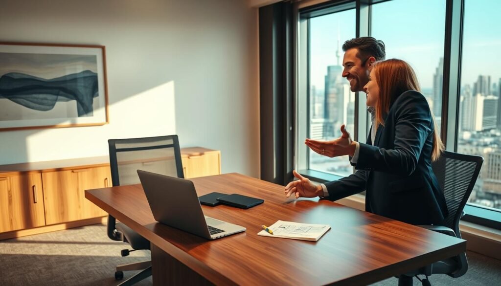 A modern, well-lit office interior with a large wooden desk and ergonomic chair. On the desk, a laptop, a pen, and a notepad with handwritten notes. Two smartly dressed individuals, a man and a woman, are engaged in a friendly negotiation, gesturing animatedly. The office walls feature minimalist artwork and a large window overlooking a bustling city skyline. The lighting is a combination of natural daylight and warm, indirect lighting, creating a professional yet inviting atmosphere. The overall mood is one of productive collaboration and open communication. A modern, well-lit office interior with a large wooden desk and ergonomic chair. On the desk, a laptop, a pen, and a notepad with handwritten notes. Two smartly dressed individuals, a man and a woman, are engaged in a friendly negotiation, gesturing animatedly. The office walls feature minimalist artwork and a large window overlooking a bustling city skyline. The lighting is a combination of natural daylight and warm, indirect lighting, creating a professional yet inviting atmosphere. The overall mood is one of productive collaboration and open communication.