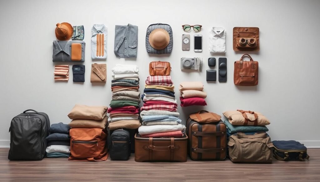 A neatly organized workspace with various neatly folded and stacked articles of clothing, luggage, and travel accessories. Crisp, even lighting illuminates the scene, casting subtle shadows that accentuate the careful arrangement. The image has a minimalist, functional aesthetic, conveying a sense of efficiency and intentionality in packing. The color palette is muted, with earthy tones and neutral hues predominating, creating a calming, sophisticated atmosphere. The overall composition draws the viewer's eye to the center, where the most important packing strategies are highlighted. A neatly organized workspace with various neatly folded and stacked articles of clothing, luggage, and travel accessories. Crisp, even lighting illuminates the scene, casting subtle shadows that accentuate the careful arrangement. The image has a minimalist, functional aesthetic, conveying a sense of efficiency and intentionality in packing. The color palette is muted, with earthy tones and neutral hues predominating, creating a calming, sophisticated atmosphere. The overall composition draws the viewer's eye to the center, where the most important packing strategies are highlighted.
