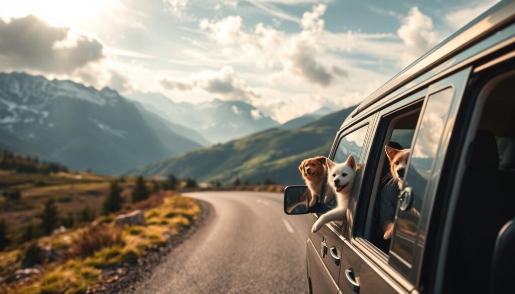 A scenic road trip with multiple adventurous pets, capturing the spirit of nomadic exploration. In the foreground, a well-equipped van navigates a winding mountain road, its passengers a lively pack of dogs and cats peering curiously out the windows. The middle ground showcases a stunning alpine landscape, with snow-capped peaks and lush, verdant valleys. Soft, warm lighting filters through wispy clouds, casting a serene, adventurous atmosphere. The camera angle is slightly elevated, providing a dynamic, immersive perspective that invites the viewer to join this extraordinary journey. Technical details evoke a crisp, high-resolution photographic quality, with a wide depth of field that keeps both the van and the breathtaking scenery in sharp focus.