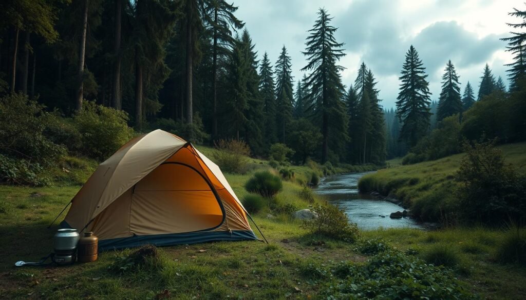 A serene, minimalist campsite nestled in a lush, verdant landscape. In the foreground, a simple yet sturdy tent stands ready to shelter a nomadic traveler, surrounded by a few essential supplies - a backpack, a small cooking stove, and a water canteen. The middle ground features a gently flowing stream, its calming sounds complementing the tranquil atmosphere. Tall, swaying trees and a cloudy, softly-lit sky form the background, conveying a sense of peaceful isolation. The overall scene evokes a feeling of preparedness and self-reliance, a safe haven for the modern nomad. A serene, minimalist campsite nestled in a lush, verdant landscape. In the foreground, a simple yet sturdy tent stands ready to shelter a nomadic traveler, surrounded by a few essential supplies - a backpack, a small cooking stove, and a water canteen. The middle ground features a gently flowing stream, its calming sounds complementing the tranquil atmosphere. Tall, swaying trees and a cloudy, softly-lit sky form the background, conveying a sense of peaceful isolation. The overall scene evokes a feeling of preparedness and self-reliance, a safe haven for the modern nomad.