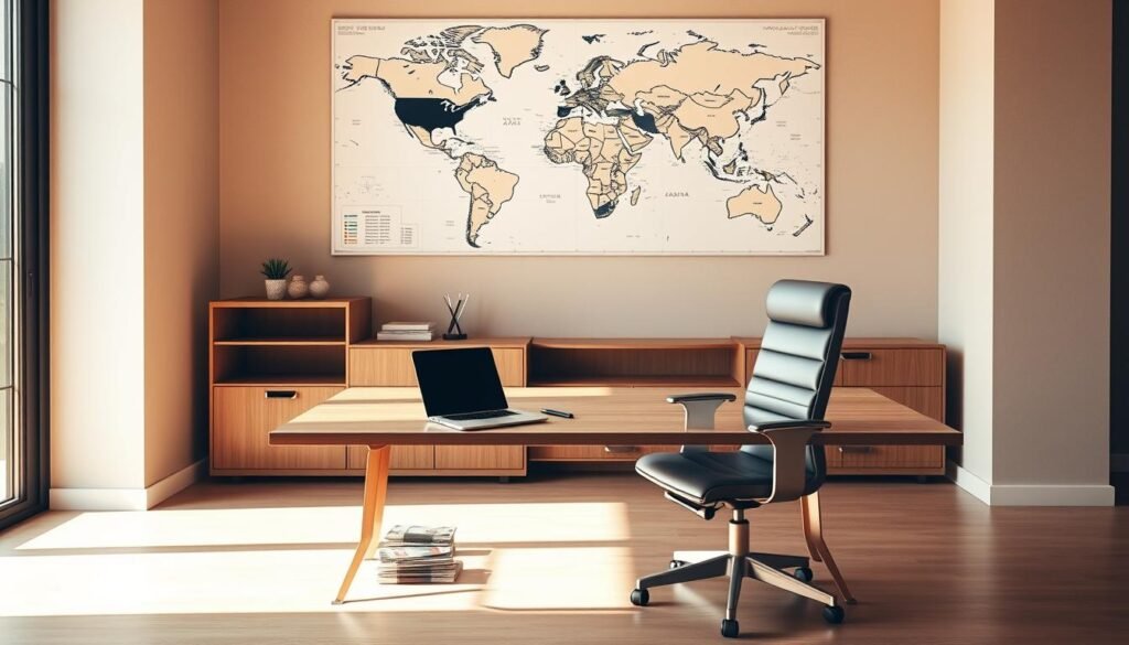 A serene, minimalist office setting with a large wooden desk and modern swivel chair. On the desk, a laptop, a pen holder, and a stack of international currency notes from various countries. Above the desk, a large world map hangs on the wall, highlighting the global connections. Warm, natural lighting streams in through a nearby window, casting a soft glow on the scene. The overall atmosphere conveys a sense of professional sophistication and a global perspective, suitable for a freelancer navigating international pricing adjustments.