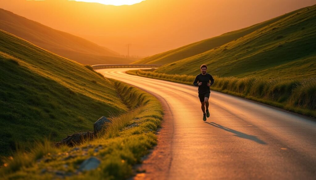 A serene road winding through lush, verdant hills, with a lone figure jogging steadfastly against the backdrop of a golden sunset. The runner's determined expression and fluid movement convey a sense of resilience and inner drive, while the tranquil, picturesque setting inspires a feeling of peaceful motivation. Warm, soft lighting bathes the scene, creating a sense of warmth and optimism. The composition emphasizes the runner's sense of freedom and connection with the natural world, encouraging the viewer to find their own passion and perseverance on the open road.