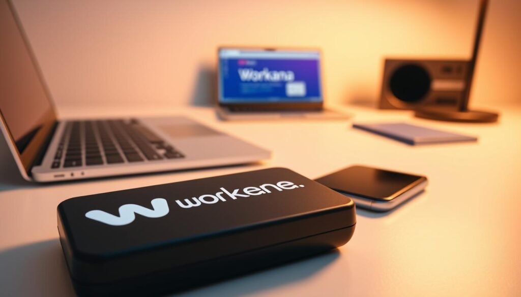 A sleek, modern desktop with a laptop, smartphone, and digital payment terminal. The foreground features crisp, high-resolution renderings of the Workana logo and a tactile, minimalist payment terminal, conveying a sense of secure, seamless transactions. The middle ground showcases a laptop displaying the Workana platform, surrounded by a clean, well-lit workspace. The background is a soft, neutral palette, creating a professional, polished atmosphere. Warm, directional lighting casts subtle shadows, emphasizing the three-dimensional depth and materiality of the scene. The overall mood is one of efficiency, reliability, and a user-friendly digital payment experience within the Workana ecosystem. workana