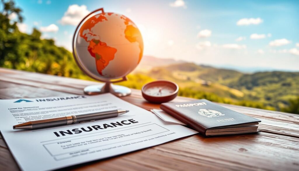A tranquil scene of a travel insurance policy and related items, shot in a warm, inviting natural light. In the foreground, a stylish passport, boarding pass, and travel documents lie neatly arranged on a wooden surface. In the middle ground, a globe and a compass symbolize the global reach of travel insurance coverage. The background features a scenic landscape with lush greenery, rolling hills, and a vibrant blue sky, conveying the peace of mind that comprehensive travel insurance can provide. The overall composition exudes a sense of security, preparedness, and the excitement of exploring new destinations. Checklist Completo para Planejar sua Primeira Viagem de Longa Duração