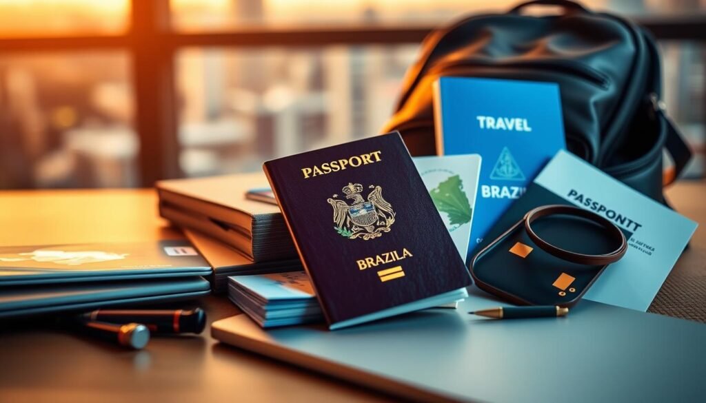 A vibrant digital nomad scene, with a Brazilian passport prominently displayed at the center, surrounded by essential travel documents, a sleek laptop, and a stylish backpack. The lighting is soft and warm, creating a cozy, welcoming atmosphere. The background features a blurred cityscape, hinting at the global adventures and experiences of the digital nomad lifestyle. The composition is balanced and visually appealing, capturing the essence of the "Vistos e documentação para nômades digitais brasileiros" section.