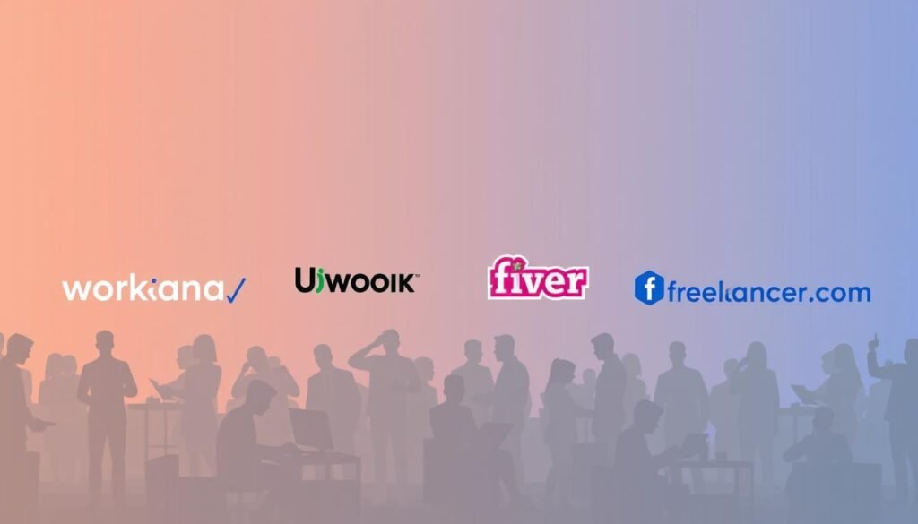 A vibrant, minimalist illustration comparing popular freelance platforms. In the foreground, sleek icons representing Workana, Upwork, Fiverr, and Freelancer.com are arranged in a dynamic grid, their distinctive branding and colors contrasting against a clean, neutral background. The middle ground features simplified silhouettes of freelancers at work, conveying the diverse range of services and skillsets available on these platforms. The background is softly blurred, creating a sense of depth and focus on the central comparison. The overall aesthetic is modern, professional, and visually engaging, effectively highlighting the key differences and offerings of the leading freelance marketplaces. Aprenda a Usar o Workana para Encontrar Projetos Remotos em Português