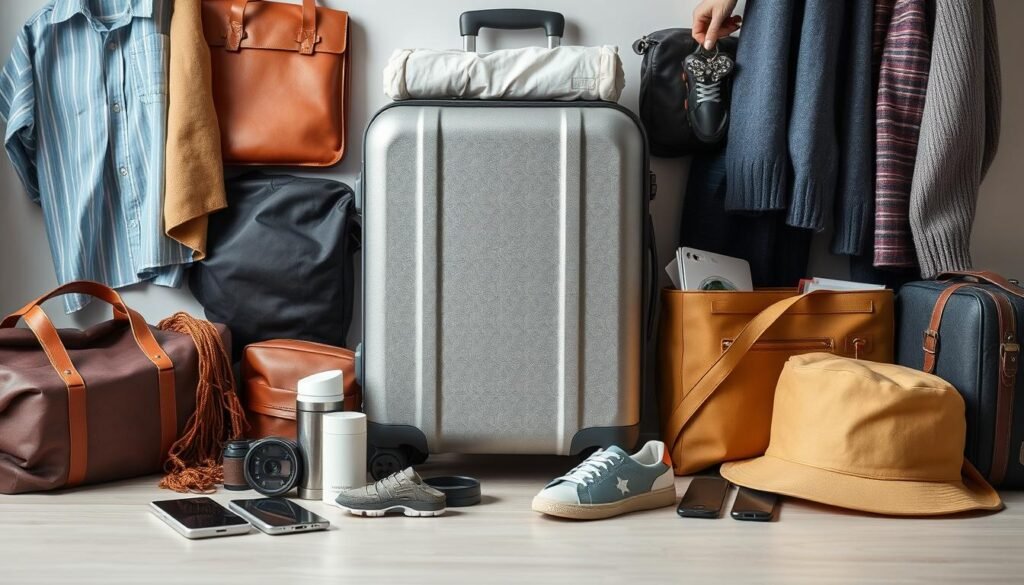 A well-organized and neatly packed suitcase stands in the center of the frame, surrounded by essential travel items. Crisp, clean lighting accentuates the tactile textures of the fabrics, leather, and other materials. The arrangement suggests a meticulous, thoughtful packing process, with items strategically placed for optimal organization and accessibility. The overall mood is one of preparation, efficiency, and a sense of anticipation for the journey ahead. The composition is balanced, with the suitcase as the focal point, complemented by smaller, supporting elements that contribute to the completeness of the packing process. Checklist Completo para Planejar sua Primeira Viagem de Longa Duração