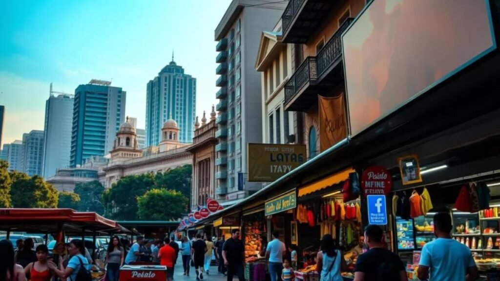 A bustling street scene in Mexico City, the vibrant capital of Mexico, captured through the lens of a digital nomad's perspective. In the foreground, colorful market stalls and street vendors offer a tantalizing array of local fare and crafts, inviting passersby to immerse themselves in the city's vibrant culture. In the middle ground, modern high-rises and historic landmarks blend harmoniously, showcasing the city's blend of old and new. The background is filled with a hazy, golden-hour glow, casting a warm and inviting atmosphere over the scene. The image conveys the lively, fast-paced energy of Mexico City, providing a glimpse into the dynamic lifestyle of a digital nomad exploring this captivating metropolis. Encontre Destinos Baratos Para Nômades Digitais Com Boa Internet