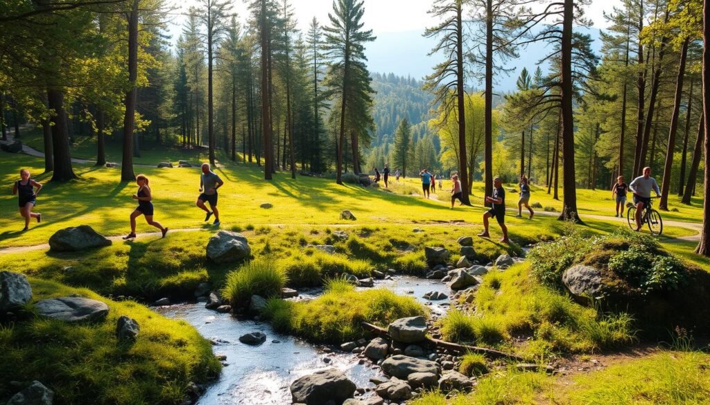 Outdoor activities to break the routine: A lush forest clearing with sunbeams filtering through the canopy, illuminating a group of people engaged in various physical pursuits - jogging, cycling, yoga, and calisthenics. In the foreground, a tranquil stream winds its way through the landscape, its gentle sounds creating a calming ambiance. The middle ground features a mix of grassy areas and rocky outcroppings, providing a diverse terrain for exploration and exercise. In the background, rolling hills and distant mountains create a picturesque backdrop, conveying a sense of freedom and adventure. The scene exudes a warm, energetic atmosphere, inspiring viewers to venture out and try new outdoor activities to maintain an active lifestyle.