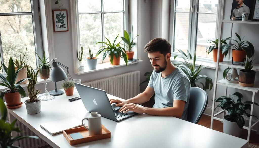 a digital nomad sitting at a laptop in a cozy, well-lit home office, coding a mobile application with a focus on productivity and location-independent lifestyles, surrounded by houseplants, a minimalist desk setup, and natural light filtering in through large windows, creating a serene and inspiring workspace for a freelance developer or remote worker a digital nomad sitting at a laptop in a cozy, well-lit home office, coding a mobile application with a focus on productivity and location-independent lifestyles, surrounded by houseplants, a minimalist desk setup, and natural light filtering in through large windows, creating a serene and inspiring workspace for a freelance developer or remote worker