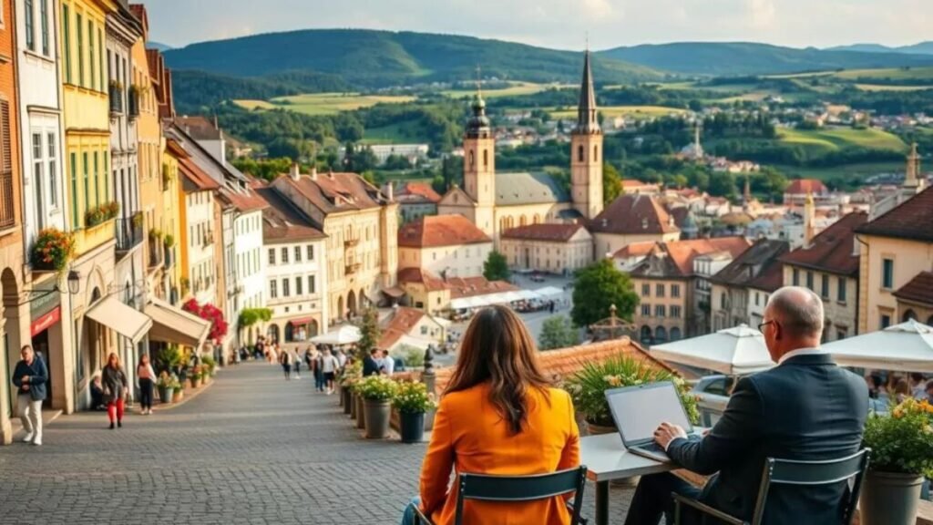 A serene European cityscape with a picturesque old town, charming cobblestone streets, and quaint cafes. The foreground features well-dressed digital nomads working on their laptops outdoors, enjoying the vibrant atmosphere. The middle ground showcases historic architecture, with churches and town squares bathed in warm, golden light. In the background, rolling hills and lush greenery create a tranquil, restorative setting. The overall scene conveys a harmonious balance of productivity, leisure, and a high quality of life that digital nomads could experience in popular European cities. Custo de vida em cidades populares
