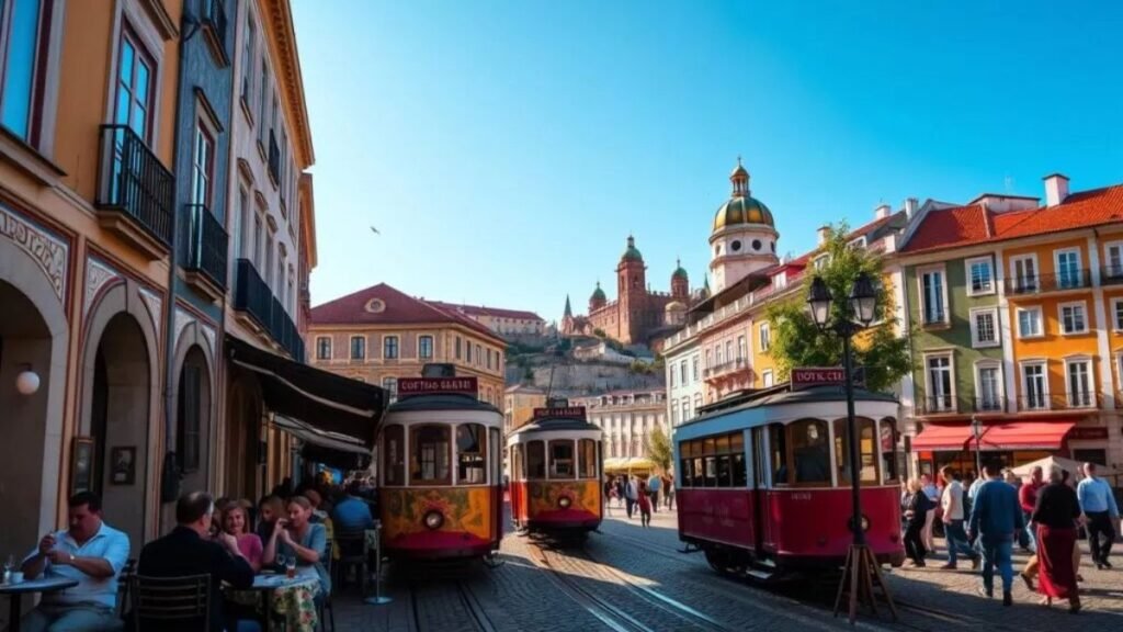 A vibrant street scene in the heart of Lisboa, Portugal. In the foreground, a bustling outdoor cafe with patrons enjoying traditional Portuguese cuisine and espresso under the warm, golden sunlight. In the middle ground, a historic tram car winds its way through the cobblestone streets, surrounded by colorful buildings with intricate tilework facades. In the background, the iconic landmarks of Lisboa come into view - the Castelo de São Jorge and the Praça do Comércio, their spires and domes silhouetted against a clear, azure sky. The atmosphere is one of lively cultural immersion, inviting the viewer to explore the rich heritage and joie de vivre of this captivating European capital. viver em Lisboa como nômade digital