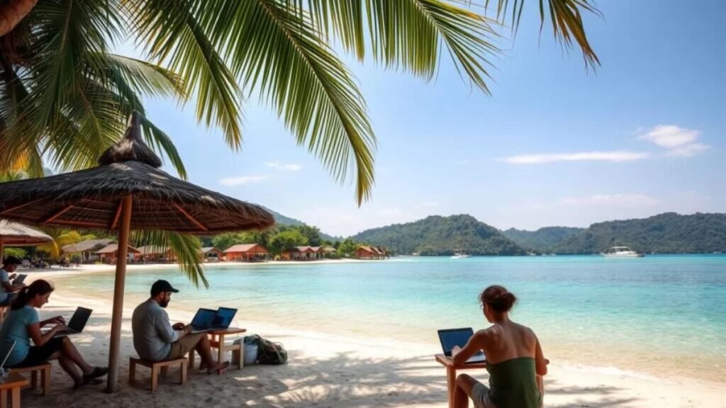 A tranquil tropical paradise, Koh Phangan, Thailand, a haven for digital nomads. A sun-drenched beach fringed with swaying palms, the turquoise waters of the Gulf of Thailand lapping gently against the golden sands. In the foreground, a group of laptop-wielding freelancers, their workstations set up under thatched umbrellas, taking advantage of the island's reliable high-speed internet. The middle ground reveals quaint beachside bungalows, their vibrant colors reflected in the still lagoon. In the distance, lush verdant hills rise, cloaked in a tapestry of lush vegetation. Warm, diffused lighting bathes the scene, creating a serene, laid-back atmosphere, perfect for the digital nomad lifestyle. Encontre Destinos Baratos Para Nômades Digitais Com Boa Internet