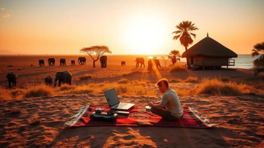 A serene African savanna at golden hour, with a lone digital nomad sitting cross-legged on a vibrant kilim rug, laptop open on their lap, surrounded by a minimalist setup of portable tech and travel essentials. In the distance, a herd of elephants meanders across the horizon, while a small thatched-roof bungalow nestles amidst palm trees. Warm, diffused lighting bathes the scene, creating a sense of tranquility and adventure. The Oceanic backdrop shimmers with azure waves lapping gently against pristine shores, hinting at the diverse landscapes and lifestyles awaiting digital nomads. Custo de vida em cidades populares