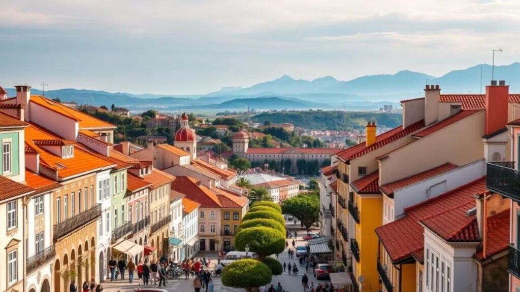A vibrant cityscape showcasing the diverse charm of Portugal's alternative digital nomad hubs. In the foreground, colorful buildings with terracotta roofs and ornate facades line quaint cobblestone streets. Locals and visitors mingle, creating a lively, authentic atmosphere. The middle ground reveals bustling plazas and lush, tree-lined promenades, inviting exploration. In the background, rolling hills and distant mountains create a picturesque, serene backdrop, hinting at the natural beauty that surrounds these thriving urban centers. Warm, golden sunlight bathes the scene, conveying a sense of tranquility and Mediterranean allure. This image captures the essence of Portugal's enchanting alternative cities, perfect for the digital nomad lifestyle. viver em Lisboa como nômade digital