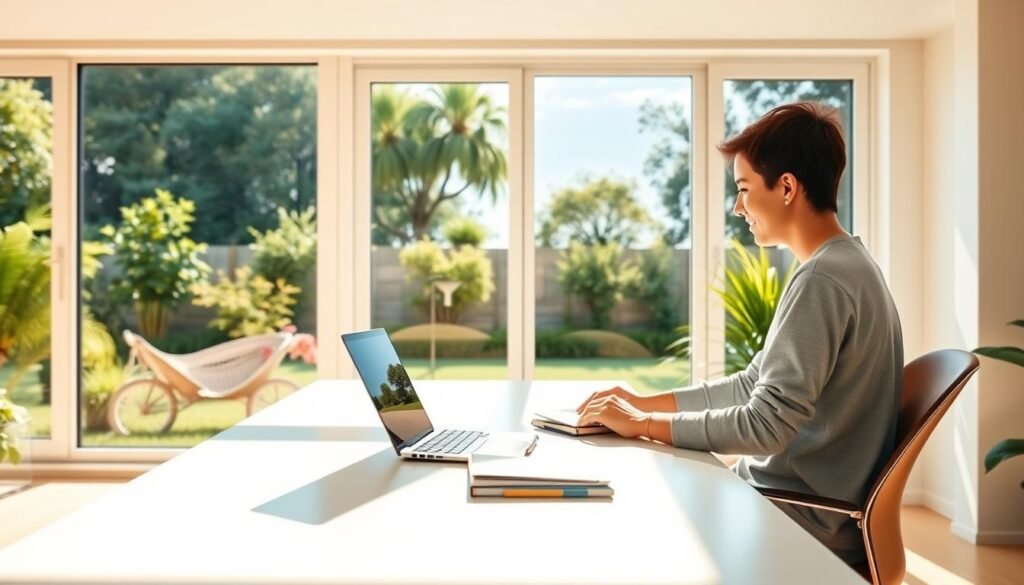 A bright, airy home office with a large window overlooking a serene garden. A person sitting at a sleek, minimalist desk, their laptop and notebook open, conveying a sense of focused yet relaxed productivity. Warm, natural lighting filters in, casting a soft glow on the workspace. The background features lush greenery and a clear blue sky, symbolizing the flexibility and freedom of remote work. The overall scene radiates a peaceful, harmonious atmosphere, reflecting the benefits of working remotely for those new to the experience. A bright, airy home office with a large window overlooking a serene garden. A person sitting at a sleek, minimalist desk, their laptop and notebook open, conveying a sense of focused yet relaxed productivity. Warm, natural lighting filters in, casting a soft glow on the workspace. The background features lush greenery and a clear blue sky, symbolizing the flexibility and freedom of remote work. The overall scene radiates a peaceful, harmonious atmosphere, reflecting the benefits of working remotely for those new to the experience.