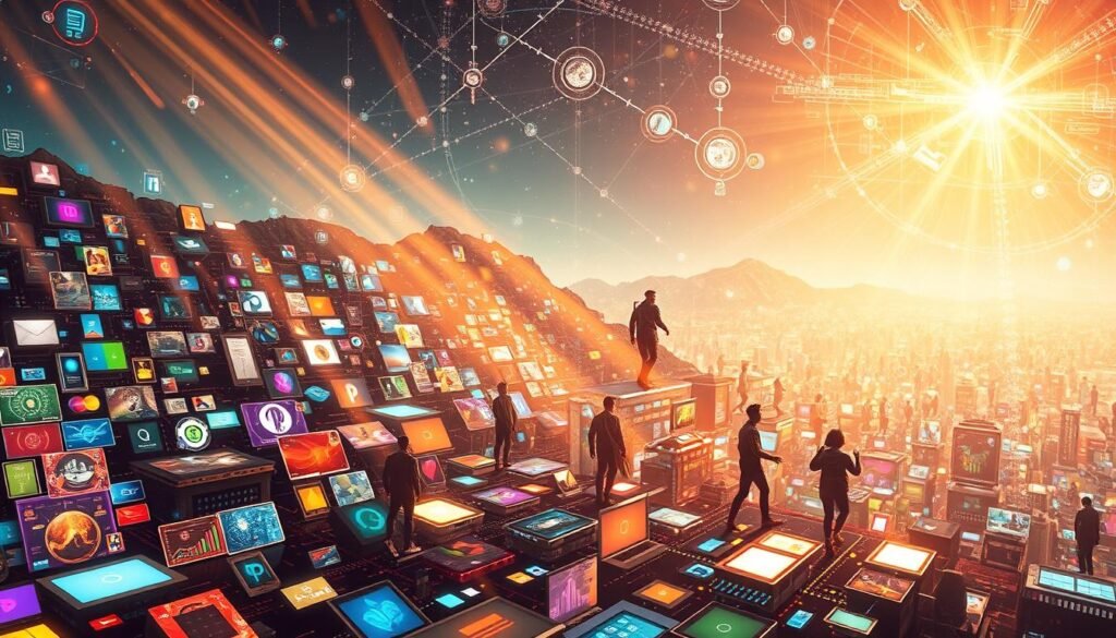 A bustling digital landscape, where opportunities abound like shimmering gems. In the foreground, a mosaic of colorful digital platforms, their interfaces inviting and seamless. Rays of warm light cascade across the scene, illuminating the potential within. In the middle ground, dynamic figures navigate these virtual realms, their gestures and expressions exuding a sense of exploration and discovery. The background unfolds with a tapestry of interconnected networks, data streams, and emerging technologies, hinting at the boundless possibilities that lie ahead. An atmosphere of innovation, empowerment, and endless potential permeates the air, beckoning the viewer to dive into this digital world of opportunities. A bustling digital landscape, where opportunities abound like shimmering gems. In the foreground, a mosaic of colorful digital platforms, their interfaces inviting and seamless. Rays of warm light cascade across the scene, illuminating the potential within. In the middle ground, dynamic figures navigate these virtual realms, their gestures and expressions exuding a sense of exploration and discovery. The background unfolds with a tapestry of interconnected networks, data streams, and emerging technologies, hinting at the boundless possibilities that lie ahead. An atmosphere of innovation, empowerment, and endless potential permeates the air, beckoning the viewer to dive into this digital world of opportunities.