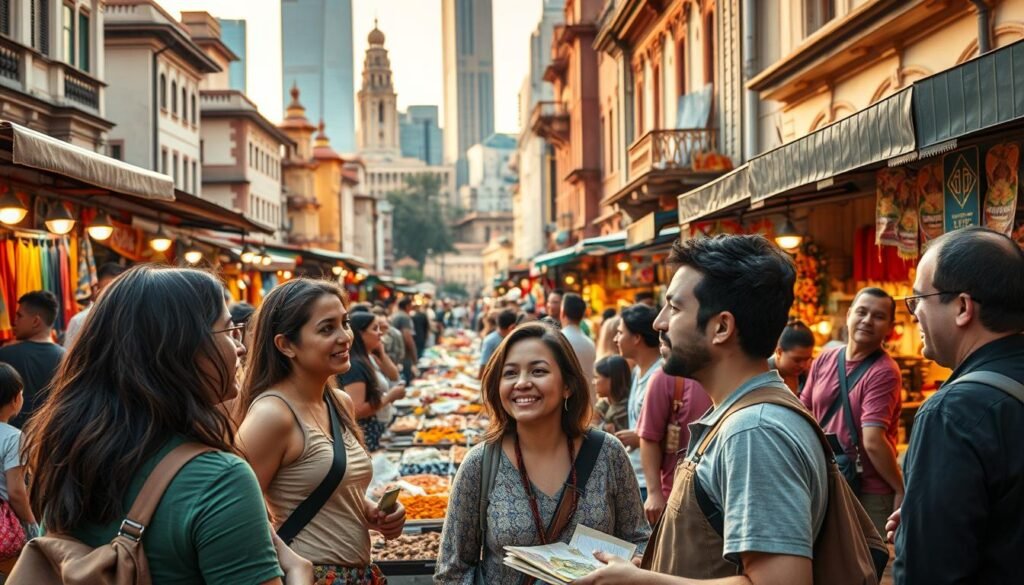 A bustling outdoor market in a vibrant, culturally diverse city, with travelers from around the world browsing colorful stalls. In the foreground, a group of people from different backgrounds engage in animated conversation, their faces reflecting a mix of curiosity, wonder, and understanding as they navigate the unfamiliar surroundings. The middle ground features a variety of local vendors selling handcrafted goods, exotic spices, and delectable street food, creating a sensory immersion. In the background, a blend of historic architecture and modern skyscrapers sets the scene, conveying a sense of cultural fusion. The lighting is warm and inviting, with a soft, golden glow that enhances the vibrant hues and creates a welcoming atmosphere, reflecting the triumph of overcoming cultural barriers. A bustling outdoor market in a vibrant, culturally diverse city, with travelers from around the world browsing colorful stalls. In the foreground, a group of people from different backgrounds engage in animated conversation, their faces reflecting a mix of curiosity, wonder, and understanding as they navigate the unfamiliar surroundings. The middle ground features a variety of local vendors selling handcrafted goods, exotic spices, and delectable street food, creating a sensory immersion. In the background, a blend of historic architecture and modern skyscrapers sets the scene, conveying a sense of cultural fusion. The lighting is warm and inviting, with a soft, golden glow that enhances the vibrant hues and creates a welcoming atmosphere, reflecting the triumph of overcoming cultural barriers.