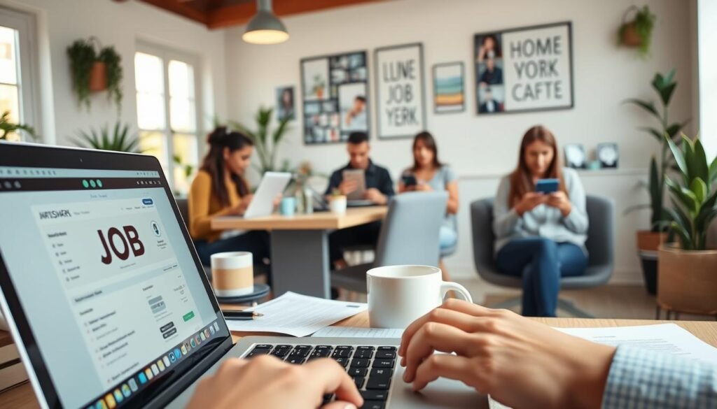 A bustling remote job search scene, with a laptop screen in the foreground displaying a job board, surrounded by hands typing on keyboards, resumes, and coffee mugs. In the middle ground, job seekers engaged in video calls and scrolling through job listings on their devices. The background features a cozy, minimalist home office setup with natural lighting, potted plants, and inspirational wall decor. The overall mood is one of focus, determination, and a sense of possibility in the remote work landscape. A bustling remote job search scene, with a laptop screen in the foreground displaying a job board, surrounded by hands typing on keyboards, resumes, and coffee mugs. In the middle ground, job seekers engaged in video calls and scrolling through job listings on their devices. The background features a cozy, minimalist home office setup with natural lighting, potted plants, and inspirational wall decor. The overall mood is one of focus, determination, and a sense of possibility in the remote work landscape.
