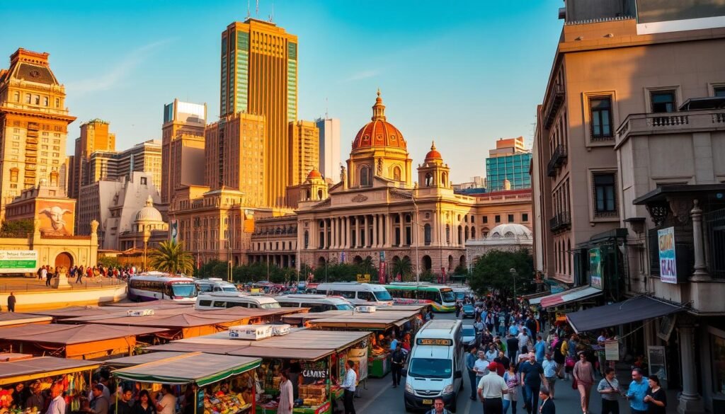 A bustling urban cityscape of Mexico City, with towering skyscrapers and colonial architecture blending seamlessly. In the foreground, vibrant markets and lively street vendors showcase the city's rich cultural heritage. Mid-ground features modern pedestrians and public transportation, while the background is dominated by iconic landmarks like the Palacio de Bellas Artes, illuminated by warm, golden light. The scene conveys a harmonious balance of modernity and tradition, with a sense of energy and connectivity pulsing through the city. Os Melhores Destinos baratos para nômades digitais com boa internet