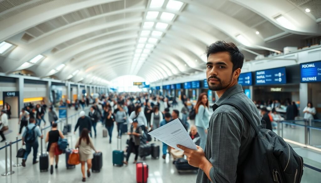 A busy international airport terminal, with travelers rushing through its expansive halls. In the foreground, a person stands in front of an immigration counter, filled out paperwork in hand, their expression a mix of anticipation and uncertainty as they prepare to "solicitar visto" - apply for a visa. The middle ground is crowded with a diverse array of people, suitcases, and signage, conveying the bustling atmosphere of global travel. The background features high ceilings, sleek architectural details, and streams of natural light, creating a sense of scale and grandeur. The overall mood is one of both excitement and trepidation, as the traveler embarks on the journey of securing a digital nomad visa. A busy international airport terminal, with travelers rushing through its expansive halls. In the foreground, a person stands in front of an immigration counter, filled out paperwork in hand, their expression a mix of anticipation and uncertainty as they prepare to "solicitar visto" - apply for a visa. The middle ground is crowded with a diverse array of people, suitcases, and signage, conveying the bustling atmosphere of global travel. The background features high ceilings, sleek architectural details, and streams of natural light, creating a sense of scale and grandeur. The overall mood is one of both excitement and trepidation, as the traveler embarks on the journey of securing a digital nomad visa.