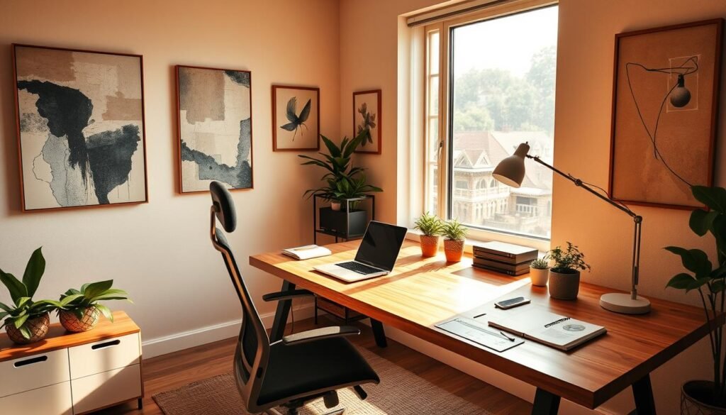 A cozy and well-organized home office setup, with a large wooden desk, an ergonomic office chair, and a large window allowing natural light to flood the space. On the desk, there is a modern laptop, a minimalist desk lamp, and a few potted plants adding a touch of greenery. The walls are adorned with abstract art pieces, creating a visually stimulating and inspiring atmosphere. The room is bathed in warm, golden lighting, creating a serene and productive ambiance, perfect for a comfortable and distraction-free remote work environment. A cozy and well-organized home office setup, with a large wooden desk, an ergonomic office chair, and a large window allowing natural light to flood the space. On the desk, there is a modern laptop, a minimalist desk lamp, and a few potted plants adding a touch of greenery. The walls are adorned with abstract art pieces, creating a visually stimulating and inspiring atmosphere. The room is bathed in warm, golden lighting, creating a serene and productive ambiance, perfect for a comfortable and distraction-free remote work environment.