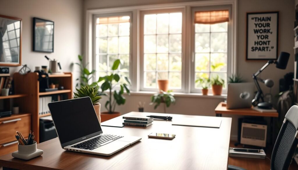 A cozy home office filled with natural light, a large desk with a laptop, smartphone, and a potted plant. In the background, a window overlooks a lush garden. The room has a warm, inviting atmosphere, with soft ambient lighting that creates a sense of productivity and focus. The workspace is neatly organized, with various productivity tools and stationery within easy reach. A motivational quote or inspirational artwork hangs on the wall, adding a touch of personal style. The image conveys a harmonious balance between work and well-being, capturing the essence of effective remote work. A cozy home office filled with natural light, a large desk with a laptop, smartphone, and a potted plant. In the background, a window overlooks a lush garden. The room has a warm, inviting atmosphere, with soft ambient lighting that creates a sense of productivity and focus. The workspace is neatly organized, with various productivity tools and stationery within easy reach. A motivational quote or inspirational artwork hangs on the wall, adding a touch of personal style. The image conveys a harmonious balance between work and well-being, capturing the essence of effective remote work.