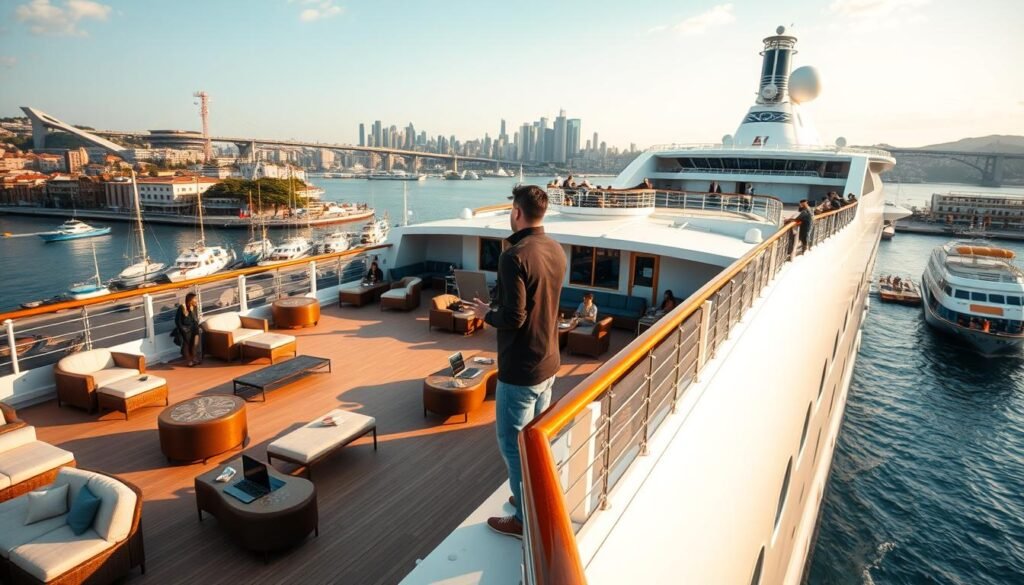 A cruise ship docked at a bustling port, its sleek white hull gleaming in the warm, golden sunlight. A passenger stands on the upper deck, gazing out at the picturesque harbor, laptop in hand, immersed in their remote work. The deck is adorned with cozy seating areas, where other digital nomads collaborate and socialize, taking in the breathtaking ocean views. In the background, the city skyline rises, a vibrant blend of modern architecture and historic landmarks. The atmosphere is one of productivity, adventure, and the thrill of exploring new horizons, both physically and professionally. A cruise ship docked at a bustling port, its sleek white hull gleaming in the warm, golden sunlight. A passenger stands on the upper deck, gazing out at the picturesque harbor, laptop in hand, immersed in their remote work. The deck is adorned with cozy seating areas, where other digital nomads collaborate and socialize, taking in the breathtaking ocean views. In the background, the city skyline rises, a vibrant blend of modern architecture and historic landmarks. The atmosphere is one of productivity, adventure, and the thrill of exploring new horizons, both physically and professionally.