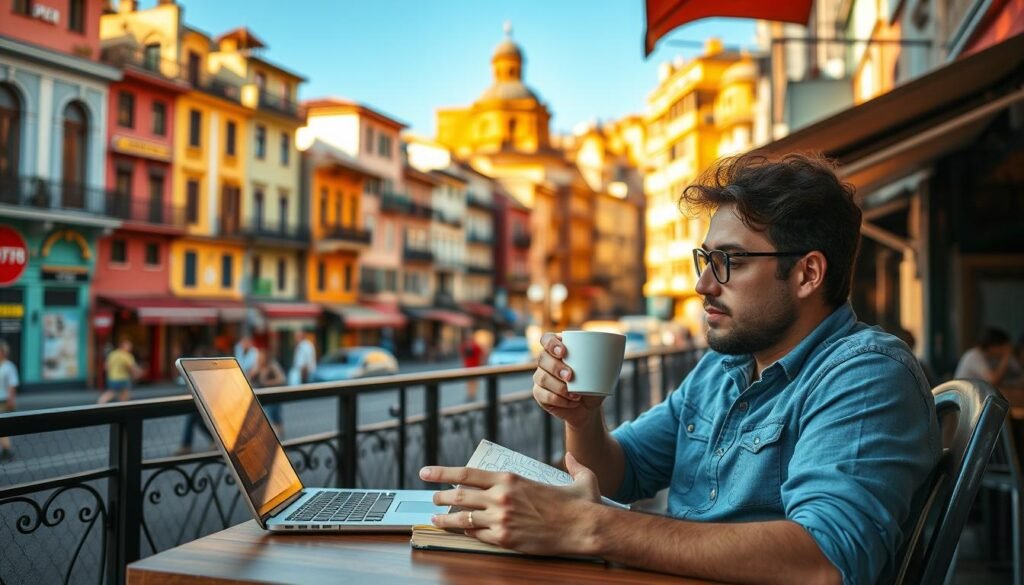 A digital nomad sits at an outdoor cafe, laptop open, sipping coffee and sketching ideas in a notebook. Behind them, a vibrant cityscape of colorful buildings and bustling streets. Warm sunlight filters through the cafe's awning, casting a golden glow. The nomad's expression is one of focused creativity, as they tap into their skills to create digital products or services to monetize during their travels. The scene conveys a sense of productivity, possibility, and the freedom to work from anywhere. A digital nomad sits at an outdoor cafe, laptop open, sipping coffee and sketching ideas in a notebook. Behind them, a vibrant cityscape of colorful buildings and bustling streets. Warm sunlight filters through the cafe's awning, casting a golden glow. The nomad's expression is one of focused creativity, as they tap into their skills to create digital products or services to monetize during their travels. The scene conveys a sense of productivity, possibility, and the freedom to work from anywhere.