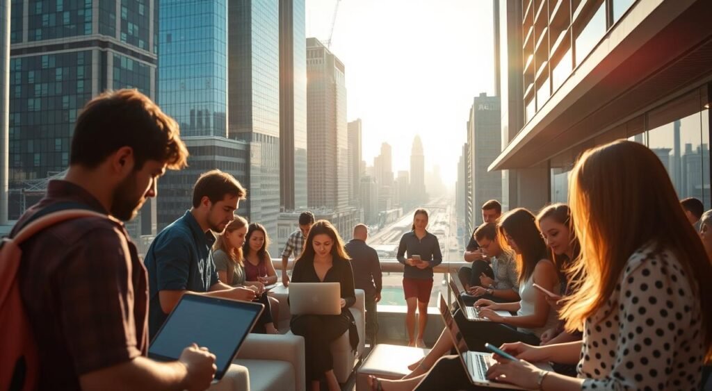 A diverse group of digital nomads, their laptops and mobile devices in hand, navigate a vibrant cityscape. Sunlight filters through modern skyscrapers, casting a warm glow on the scene. In the foreground, a coworking space bustles with activity, its open layout and sleek furnishings reflecting the nomadic lifestyle. In the middle ground, individuals work independently or collaborate, their expressions focused yet relaxed. The background reveals a panoramic view of the city, its streets and infrastructure seamlessly integrating with the digital world. This image captures the essence of connectivity and adaptability that defines the digital nomad experience. Um grupo diversificado de nômades digitais, com seus laptops e dispositivos móveis em mãos, navega por uma vibrante paisagem urbana. A luz do sol filtra-se pelos modernos arranha-céus, lançando um brilho acolhedor ao cenário. Em primeiro plano, um espaço de coworking fervilha de atividade, com seu layout aberto e mobiliário elegante refletindo o estilo de vida nômade. No meio, indivíduos trabalham de forma independente ou colaborativa, com expressões focadas, porém relaxadas. O fundo revela uma vista panorâmica da cidade, suas ruas e infraestrutura, integrando-se perfeitamente ao mundo digital. Esta imagem captura a essência da conectividade e adaptabilidade que define a experiência do nômade digital.