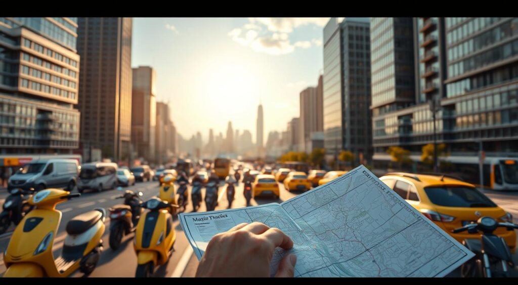 A meticulously crafted cityscape bustling with various modes of transportation, from sleek electric scooters and bicycles to iconic yellow taxis, all set against the backdrop of a sprawling urban landscape. In the foreground, a traveler consults a detailed, tactile map, their fingers tracing the winding streets as they plan their efficient route through the vibrant metropolis. Warm afternoon sunlight filters through towering skyscrapers, casting a soft, inviting glow over the scene. The atmosphere is one of purposeful movement and discovery, perfectly capturing the essence of the "Transporte e mapas" section of the article. Uma paisagem urbana meticulosamente elaborada, repleta de diversos meios de transporte, desde elegantes patinetes elétricos e bicicletas até os icônicos táxis amarelos, tudo isso tendo como pano de fundo uma paisagem urbana extensa. Em primeiro plano, um viajante consulta um mapa detalhado e tátil, seus dedos percorrendo as ruas sinuosas enquanto planeja sua rota eficiente pela vibrante metrópole. A cálida luz do sol da tarde filtra-se pelos arranha-céus imponentes, lançando um brilho suave e convidativo sobre a cena. A atmosfera é de movimento e descoberta propositais, capturando perfeitamente a essência da seção "Transporte e mapas" do artigo.