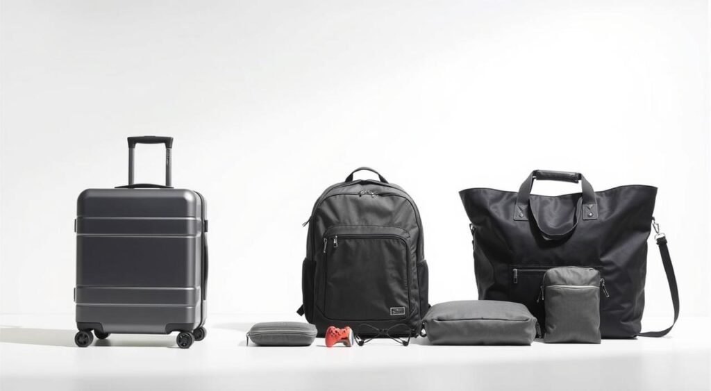 A neatly organized and thoughtfully curated set of sleek, lightweight luggage pieces sit against a clean, minimalist backdrop. The foreground features a carry-on suitcase with a sturdy, streamlined design, complemented by a compact backpack and a versatile tote bag, all in a harmonious color palette of muted greys and blacks. The middle ground showcases various clever packing accessories, such as compression cubes and cord organizers, hinting at the efficient utilization of space. The background has a softly diffused lighting, creating a sense of tranquility and focus, emphasizing the intentionality behind each item. This image captures the essence of "Bagagem inteligente e acessórios que otimizam espaço" - a carefully considered collection of travel essentials for the modern digital nomad. Um conjunto de malas leves e elegantes, cuidadosamente organizadas e cuidadosamente selecionadas, contrasta com um fundo limpo e minimalista. O primeiro plano apresenta uma mala de mão com design robusto e aerodinâmico, complementada por uma mochila compacta e uma bolsa versátil, tudo em uma paleta de cores harmoniosa de cinzas e pretos suaves. O segundo plano apresenta diversos acessórios de viagem inteligentes, como cubos de compressão e organizadores de cabos, sugerindo a utilização eficiente do espaço. O fundo tem uma iluminação suavemente difusa, criando uma sensação de tranquilidade e foco, enfatizando a intencionalidade por trás de cada item. Esta imagem captura a essência de "Bagagem inteligente e acessórios que otimizam espaço" - uma coleção cuidadosamente elaborada de itens essenciais de viagem para o nômade digital moderno.