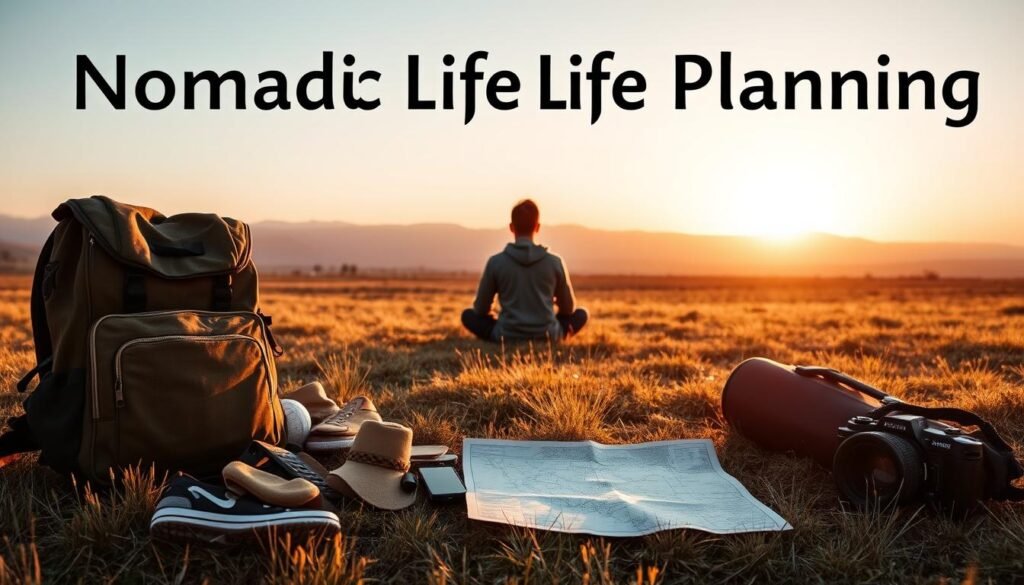 A nomadic life planning scene with a backpack, map, and travel essentials in the foreground, a person sitting cross-legged on a grassy field in the middle ground, and a distant horizon with mountains and a golden sunset sky in the background. Warm, soft lighting illuminates the scene, creating a serene and introspective atmosphere. The overall composition suggests the importance of carefully planning one's nomadic lifestyle to achieve freedom and fulfillment. A nomadic life planning scene with a backpack, map, and travel essentials in the foreground, a person sitting cross-legged on a grassy field in the middle ground, and a distant horizon with mountains and a golden sunset sky in the background. Warm, soft lighting illuminates the scene, creating a serene and introspective atmosphere. The overall composition suggests the importance of carefully planning one's nomadic lifestyle to achieve freedom and fulfillment.