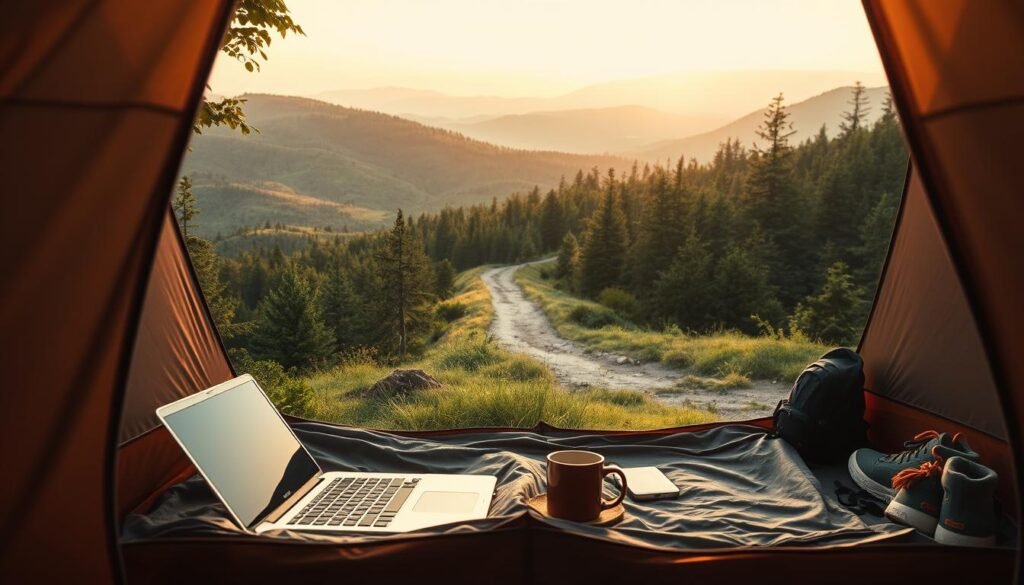 A serene digital nomad's camp nestled in a lush, verdant landscape. In the foreground, a cozy tent surrounded by a minimalist setup of a laptop, coffee mug, and hiking gear, bathed in warm, golden hour lighting. The middle ground features a winding, unpaved path leading into a dense forest, hinting at the adventurous spirit of the nomadic lifestyle. In the background, rolling hills and a dreamy, pastel-hued sky, creating a sense of tranquility and freedom. The scene conveys the harmony between technology, nature, and the liberating essence of the digital nomad's way of life. A serene digital nomad's camp nestled in a lush, verdant landscape. In the foreground, a cozy tent surrounded by a minimalist setup of a laptop, coffee mug, and hiking gear, bathed in warm, golden hour lighting. The middle ground features a winding, unpaved path leading into a dense forest, hinting at the adventurous spirit of the nomadic lifestyle. In the background, rolling hills and a dreamy, pastel-hued sky, creating a sense of tranquility and freedom. The scene conveys the harmony between technology, nature, and the liberating essence of the digital nomad's way of life.