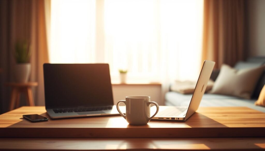 A serene, minimalist digital nomad scene with a laptop, coffee mug, and succulent on a wooden table, bathed in warm, diffused natural lighting from a large window. The scene evokes a sense of focused productivity and tranquil contemplation, set against a blurred, muted background that suggests a cozy, well-appointed home office or co-working space. The overall mood is one of efficiency, flexibility, and the freedom of the digital nomadic lifestyle. A serene, minimalist digital nomad scene with a laptop, coffee mug, and succulent on a wooden table, bathed in warm, diffused natural lighting from a large window. The scene evokes a sense of focused productivity and tranquil contemplation, set against a blurred, muted background that suggests a cozy, well-appointed home office or co-working space. The overall mood is one of efficiency, flexibility, and the freedom of the digital nomadic lifestyle.