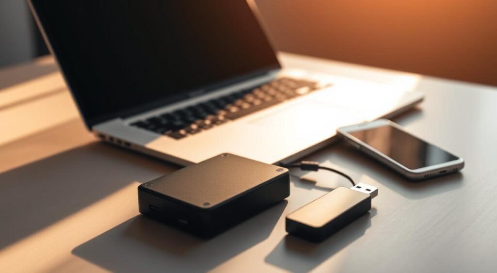 A sleek, minimalist workspace with a laptop, smartphone, and various data storage devices such as an external hard drive and USB flash drive. The scene is bathed in warm, natural lighting that casts subtle shadows, creating a sense of depth and dimension. The devices are arranged neatly, conveying a professional, organized approach to data security. The background features a muted, blurred backdrop, allowing the main subject to take center stage. The overall mood is one of efficiency, attention to detail, and a commitment to safeguarding digital assets. Um espaço de trabalho elegante e minimalista com um laptop, smartphone e diversos dispositivos de armazenamento de dados, como um disco rígido externo e um pen drive. A cena é banhada por uma iluminação natural e quente que projeta sombras sutis, criando uma sensação de profundidade e dimensão. Os dispositivos estão dispostos de forma organizada, transmitindo uma abordagem profissional e organizada à segurança de dados. O fundo apresenta um fundo suave e desfocado, permitindo que o sujeito principal ocupe o centro do palco. O clima geral é de eficiência, atenção aos detalhes e compromisso com a proteção de ativos digitais.