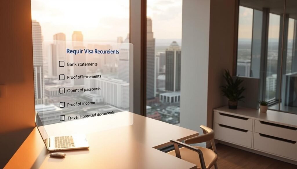 A sleek, modern office workspace with a minimalist desk, ergonomic chair, and large window overlooking a bustling city skyline. Floating holographic interfaces display a checklist of digital nomad visa requirements, including passport, bank statements, proof of income, and travel insurance documents. Warm, directional lighting casts a soft glow, creating a tranquil, focused atmosphere for the remote worker to review their application materials. The overall scene conveys a sense of professionalism, productivity, and the seamless integration of technology into the digital nomad lifestyle. A sleek, modern office workspace with a minimalist desk, ergonomic chair, and large window overlooking a bustling city skyline. Floating holographic interfaces display a checklist of digital nomad visa requirements, including passport, bank statements, proof of income, and travel insurance documents. Warm, directional lighting casts a soft glow, creating a tranquil, focused atmosphere for the remote worker to review their application materials. The overall scene conveys a sense of professionalism, productivity, and the seamless integration of technology into the digital nomad lifestyle.