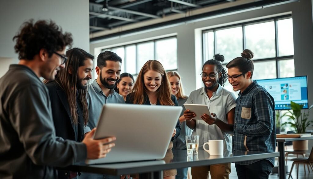 A vibrant and dynamic scene of a 'plataforma voluntariado freelancing' - a bustling online marketplace where digital nomads and remote workers converge to collaborate on various projects. In the foreground, a diverse group of individuals huddle around a sleek laptop, discussing ideas and negotiating terms, their expressions animated and engaged. The middle ground reveals a seamless integration of modern technology, with screens displaying project boards and communication tools. In the background, a minimalist, yet chic office setting with large windows allows natural light to pour in, creating a sense of openness and creativity. The overall atmosphere conveys a spirit of entrepreneurship, flexibility, and a global community united by the shared pursuit of fulfilling work and the freedom to explore the world. A vibrant and dynamic scene of a 'plataforma voluntariado freelancing' - a bustling online marketplace where digital nomads and remote workers converge to collaborate on various projects. In the foreground, a diverse group of individuals huddle around a sleek laptop, discussing ideas and negotiating terms, their expressions animated and engaged. The middle ground reveals a seamless integration of modern technology, with screens displaying project boards and communication tools. In the background, a minimalist, yet chic office setting with large windows allows natural light to pour in, creating a sense of openness and creativity. The overall atmosphere conveys a spirit of entrepreneurship, flexibility, and a global community united by the shared pursuit of fulfilling work and the freedom to explore the world.