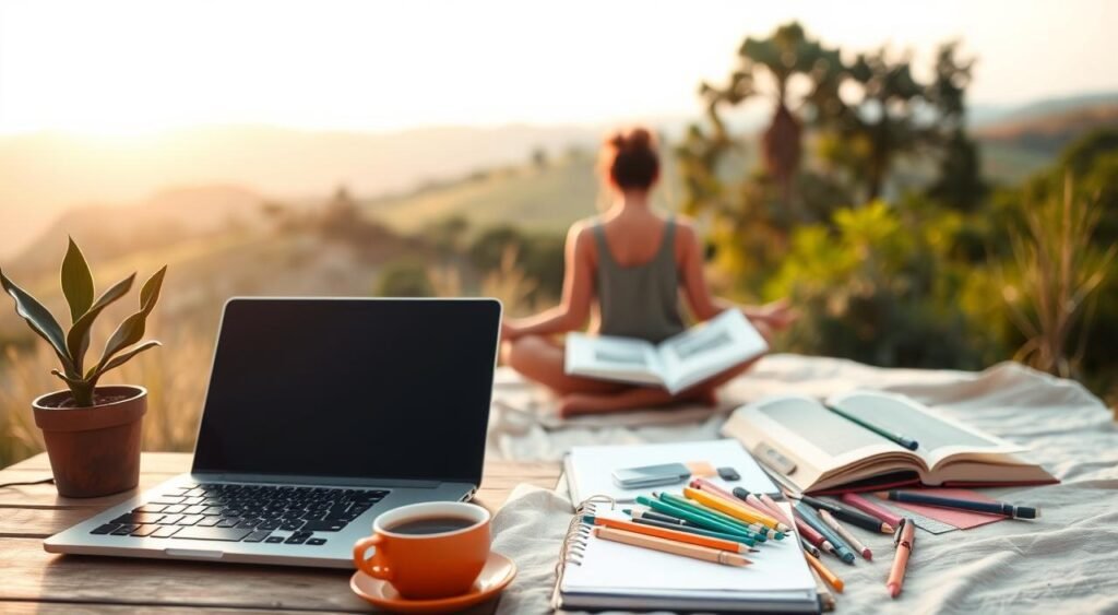 A vibrant and harmonious lifestyle captured in a serene outdoor setting. In the foreground, a cozy, minimalist workspace with a sleek laptop, a cup of aromatic coffee, and a potted plant that adds a touch of nature. The middle ground features a person sitting cross-legged, deep in contemplation, surrounded by a variety of inspirational items - a sketchpad, an open book, and an array of colorful stationery. The background showcases a picturesque landscape, with rolling hills, lush greenery, and a warm, golden-hour sky that casts a soft, ethereal glow over the entire scene. The overall atmosphere conveys a sense of tranquility, creativity, and a balanced, intentional approach to living. Um estilo de vida vibrante e harmonioso capturado em um ambiente externo sereno. Em primeiro plano, um espaço de trabalho aconchegante e minimalista com um laptop elegante, uma xícara de café aromático e um vaso de plantas que adiciona um toque de natureza. No meio, uma pessoa sentada de pernas cruzadas, em profunda contemplação, cercada por uma variedade de itens inspiradores – um bloco de desenho, um livro aberto e uma variedade de artigos de papelaria coloridos. O fundo exibe uma paisagem pitoresca, com colinas ondulantes, vegetação exuberante e um céu quente, em plena hora dourada, que lança um brilho suave e etéreo sobre toda a cena. A atmosfera geral transmite uma sensação de tranquilidade, criatividade e uma abordagem equilibrada e intencional à vida.