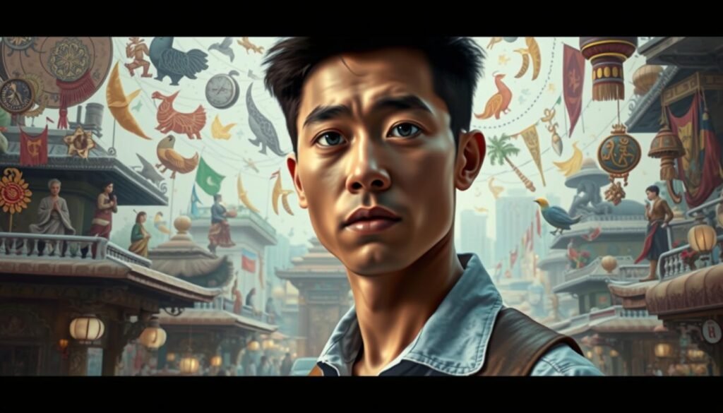 A vibrant cultural mosaic of diverse symbols, rituals, and traditions, set against a backdrop of unfamiliar cityscape. In the foreground, a person navigating the complexities of a new environment, their expression a blend of curiosity and apprehension. Soft, warm lighting illuminates the scene, creating an atmosphere of discovery and introspection. Layers of architectural details and subtle cultural references weave together, inviting the viewer to explore the nuances of this cross-cultural experience. A vibrant cultural mosaic of diverse symbols, rituals, and traditions, set against a backdrop of unfamiliar cityscape. In the foreground, a person navigating the complexities of a new environment, their expression a blend of curiosity and apprehension. Soft, warm lighting illuminates the scene, creating an atmosphere of discovery and introspection. Layers of architectural details and subtle cultural references weave together, inviting the viewer to explore the nuances of this cross-cultural experience.