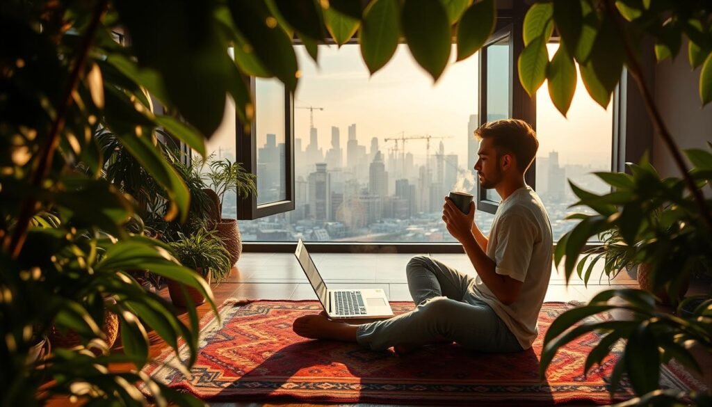 A vibrant digital nomad scene, captured in a wide-angle, cinematic frame. In the foreground, a person sitting cross-legged on a colorful, patterned rug, laptop open, sipping from a steaming mug. Lush, verdant plants frame the scene, casting soft, dappled shadows. In the middle ground, a large, open window overlooks a bustling city skyline, skyscrapers and cranes silhouetted against a warm, golden-hour sky. The atmosphere is one of focused productivity and tranquil inspiration, with a sense of freedom and possibility. Lighting is natural, with gentle highlights and shadows accentuating the textures and details. The overall mood is one of creativity, exploration, and the boundless potential of the digital nomad lifestyle. A vibrant digital nomad scene, captured in a wide-angle, cinematic frame. In the foreground, a person sitting cross-legged on a colorful, patterned rug, laptop open, sipping from a steaming mug. Lush, verdant plants frame the scene, casting soft, dappled shadows. In the middle ground, a large, open window overlooks a bustling city skyline, skyscrapers and cranes silhouetted against a warm, golden-hour sky. The atmosphere is one of focused productivity and tranquil inspiration, with a sense of freedom and possibility. Lighting is natural, with gentle highlights and shadows accentuating the textures and details. The overall mood is one of creativity, exploration, and the boundless potential of the digital nomad lifestyle.