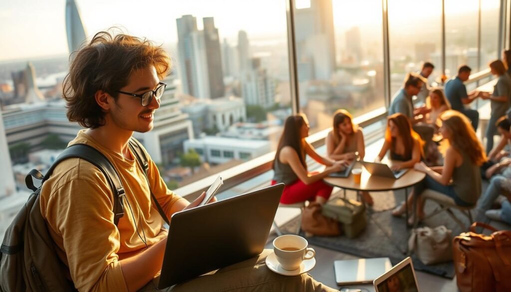 A vibrant digital nomad scene in a modern, sun-dappled city. In the foreground, a young professional working remotely on a laptop, surrounded by the trappings of a mobile lifestyle - a backpack, travel documents, and a cup of coffee. In the middle ground, a diverse group of people gathered in a coworking space, engaged in animated discussions and collaborative work. The background showcases the cityscape, with sleek high-rises, bustling streets, and a glimpse of the horizon, conveying a sense of global connectivity. The lighting is soft and natural, casting a warm, inviting glow across the scene. The mood is one of productivity, creativity, and the freedom of the digital nomad lifestyle. A vibrant digital nomad scene in a modern, sun-dappled city. In the foreground, a young professional working remotely on a laptop, surrounded by the trappings of a mobile lifestyle - a backpack, travel documents, and a cup of coffee. In the middle ground, a diverse group of people gathered in a coworking space, engaged in animated discussions and collaborative work. The background showcases the cityscape, with sleek high-rises, bustling streets, and a glimpse of the horizon, conveying a sense of global connectivity. The lighting is soft and natural, casting a warm, inviting glow across the scene. The mood is one of productivity, creativity, and the freedom of the digital nomad lifestyle.
